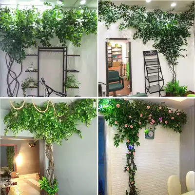 Simulation of cherry blossoms leaves fake trees and rattan plants winding indoor sewer nets Red Wall shade hanging ceiling decoration