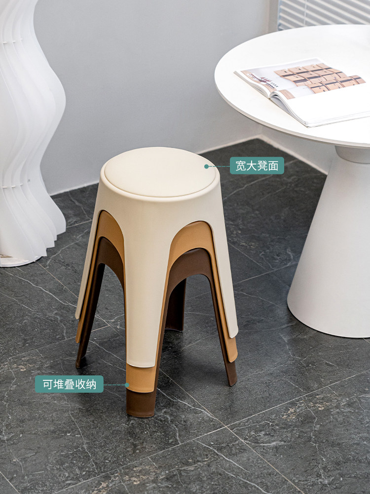About White Scandinavian Thickened Plastic Small Stool Stackable Soft Bag High Round Stool Door Simple Shoe Changing Stool