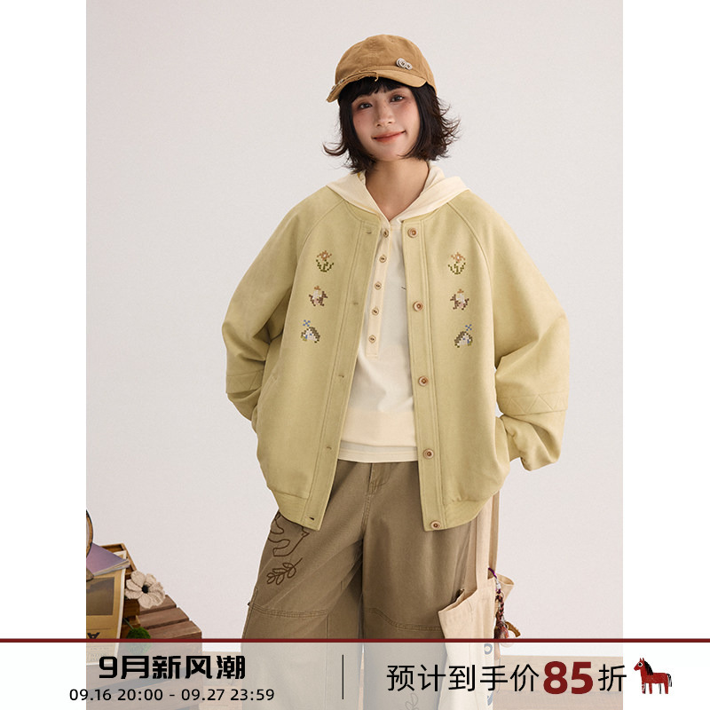 Hothorse Volcano Horse Retro Original Suede Mosaic Embroidered Raglan Sleeve Baseball Jacket Spring and Autumn Hothorse Volcano Horse Retro Original Suede Mosaic Embroidered Raglan Sleeve Baseball Jacket Spring and Autumn