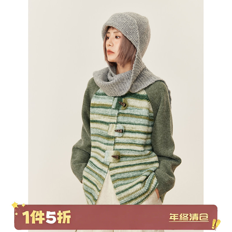 Hothorse Volcano Horse Spring and Autumn Retro Striped Diagonal Placket Color-Blocking Unique Niche Design Knitted Sweater