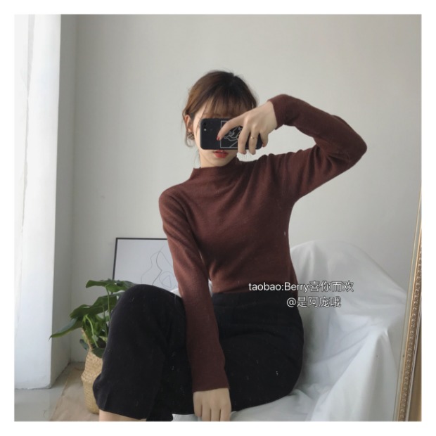 Berry rất hài lòng với bạn. Áo len dệt kim tối giản, co giãn, nửa cổ cao 2018 mùa xuân và áo sơ mi đế mới áo khoác cardigan nữ