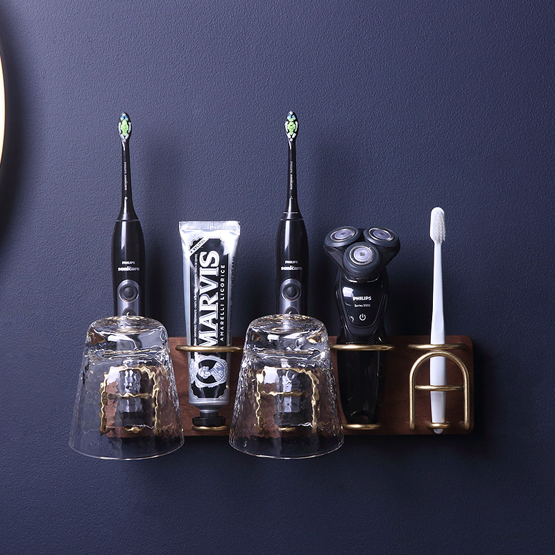 Toothbrush holder wall-mounted electric toothbrush holder brushing cup storage rack powder room rack wooden punch-free hair dryer rack
