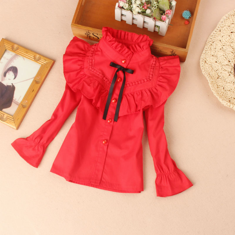 Mùa thu đông 2018 cho bé gái áo trắng tay dài cotton cộng với cổ áo nhung nơ dày áo ấm shop bán đồ trẻ em