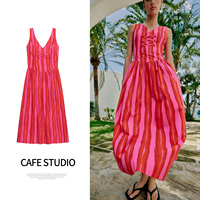 ZA new summer women's zip-up V-neck knot buckle decorated wide suspender long striped dress 2680311