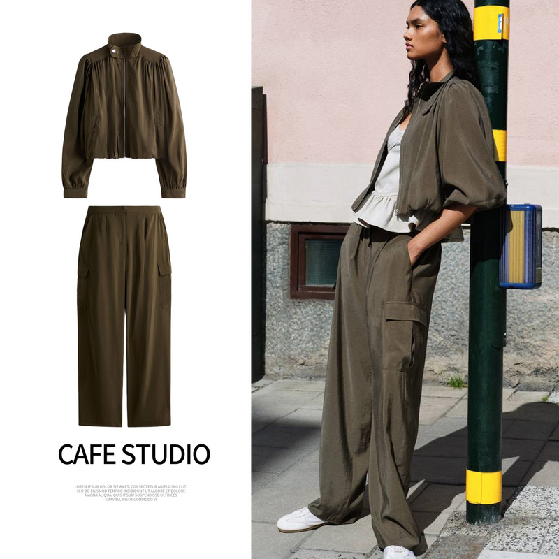 Za Funnel Collar Long-Sleeve Puff Hem Jacket 1353274 Mid-Waist Tube-Shaped Workwear Lantern Pants 1353278