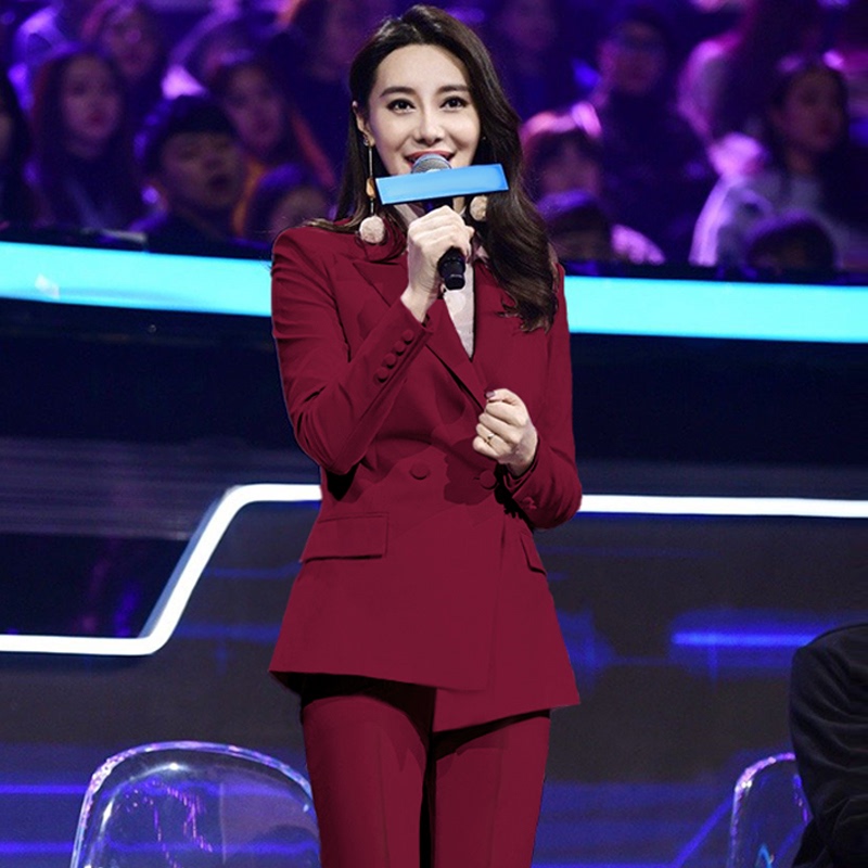 Art Exam Broadcasting Professional Angora Red Suit Set Female Host Formal Attire Speech Contest Anchor On-Camera Suit