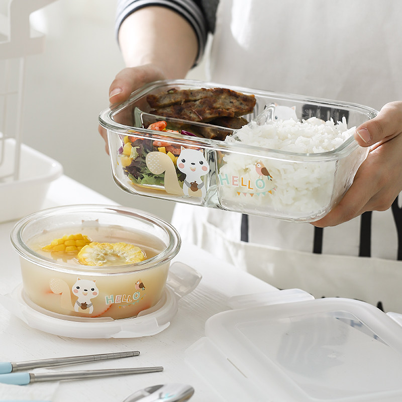 Japanese heat-resistant cartoon glass three-grid lunch box Microwave oven student lunch box Sealed separation rice bowl preservation box