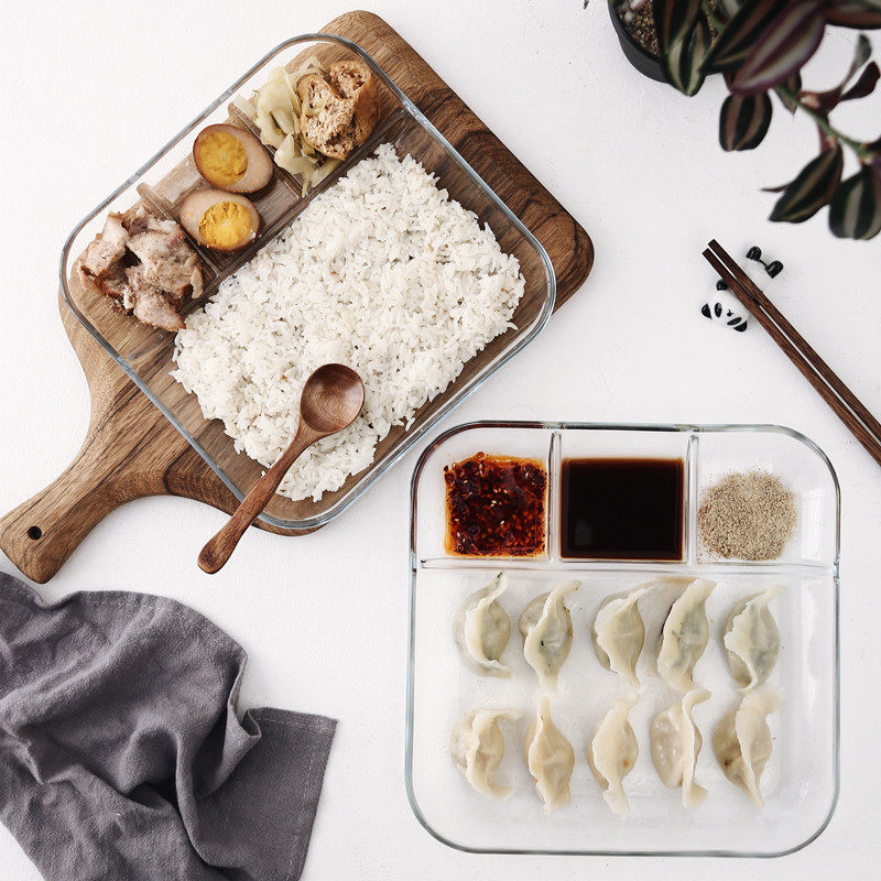 Heat-resistant glass compartment dumpling plate multi-function compartment microwave fast food plate steaming plate with vinegar sauce plate dumpling plate