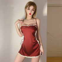 Do My Cat: Slit Satin Thin Side Strap Skirt Sleeback Lace Sexy Lace Pajama Women