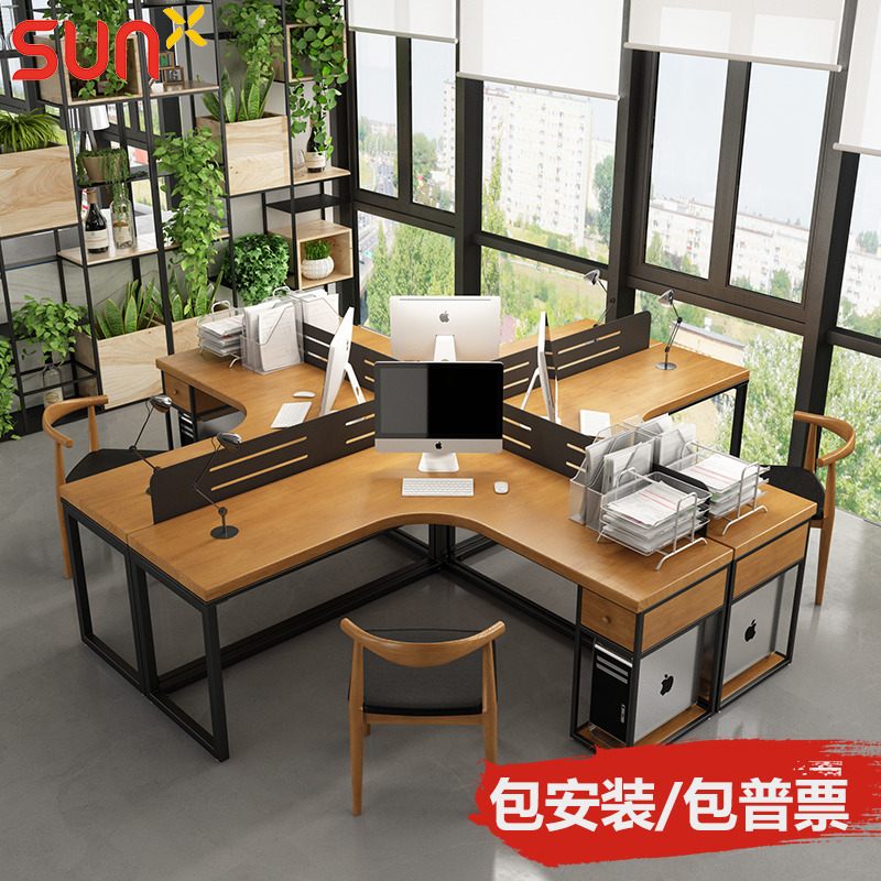 Office Solid Wood Desktop Computer Desk L-Shaped Double Corner Desk L-Shaped Four-Person Workstation Corner Workbench