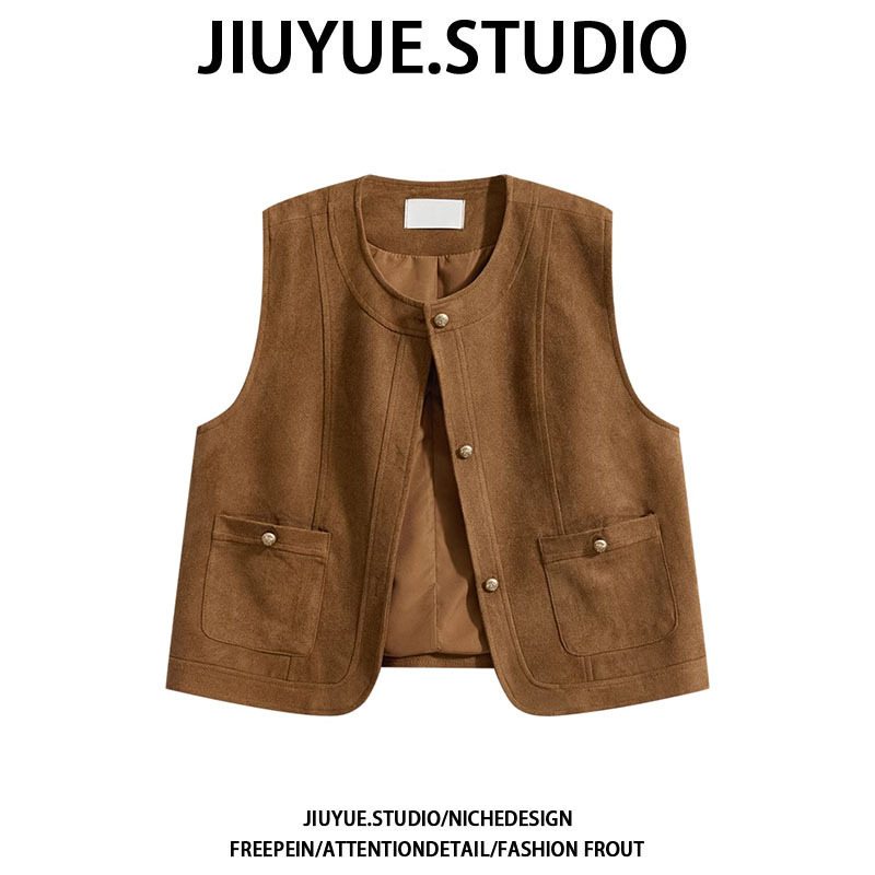 Jiuyue Melard Suede Vintage Layered Vest Women's V-Neck Loose Short Vest Jacket