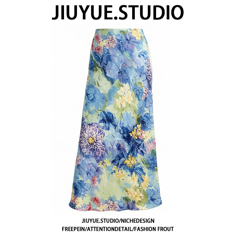 Jiuyue Mid-Length Blue Printed Skirt for Women, Summer Elegant and Stylish Pencil Skirt Jiuyue Mid-Length Blue Printed Skirt for Women, Summer Elegant and Stylish Pencil Skirt