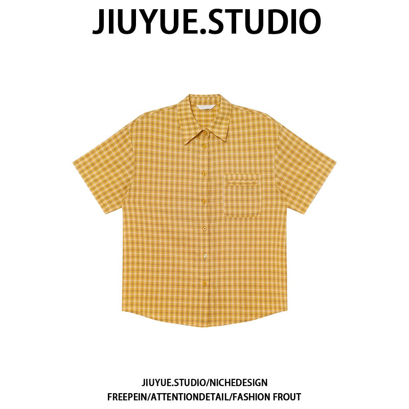 Jiuyue Fresh Lemon! Vintage Yellow Plaid Lapel Short-Sleeve Shirt with a Unique Design, Loose and Versatile Top