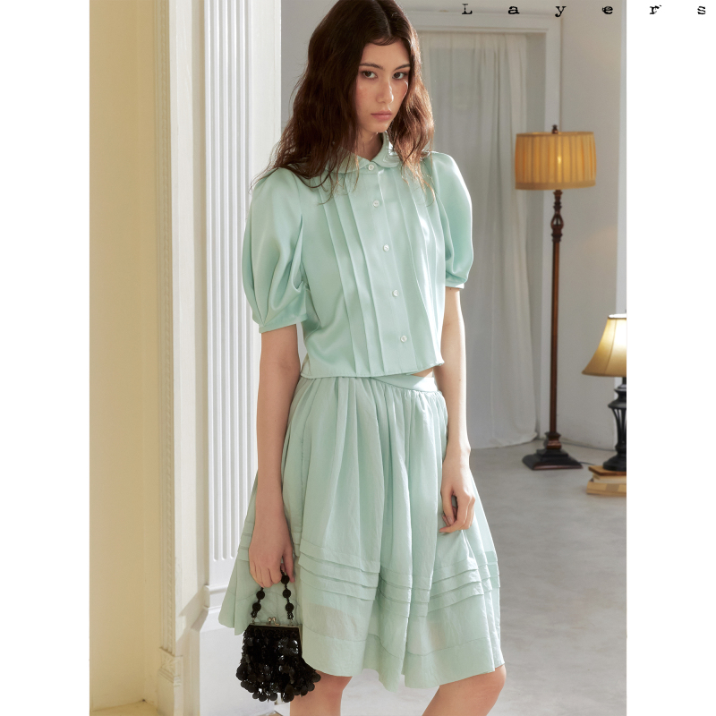 Layers Mint Manbo French Pleated Satin Doll Collar Puff Sleeve Vintage Short-Sleeved Top Shirt