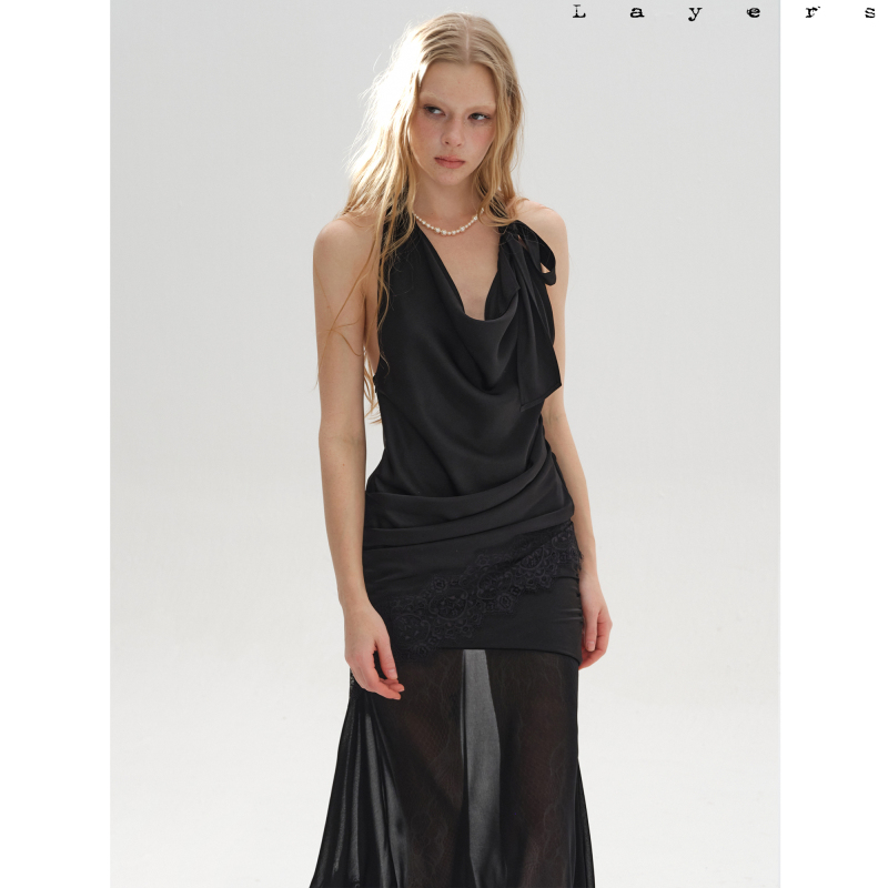 Layers Lace Patchwork Hem Tie-Up Halter Neck Draped Backless Slim-Fit Top