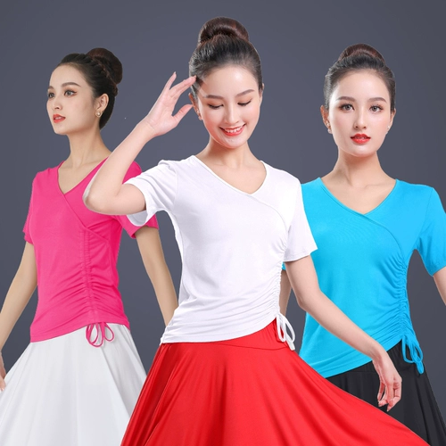 Футболка, спортивная одежда, танцующая одежда для йоги, на шнурках, короткий рукав