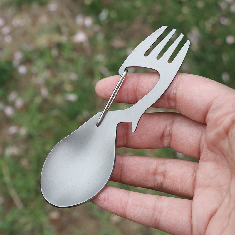 Outdoor Pure Titanium Dining Spoon Wild Camp Portable Dining Fork Multifunction Picnic Cutlery Integrated Fork Spoon With Hanging Buckle Bottle Opener