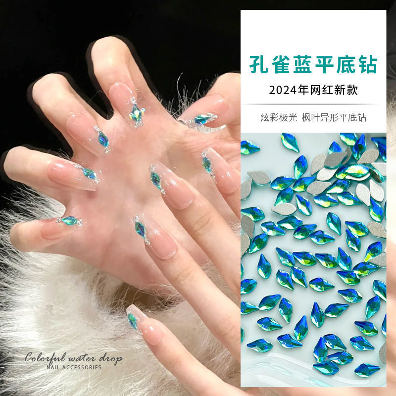 Trendy Maple Leaf Shaped Flat-Back Rhinestones, Iridescent Peacock Blue Gourd-Shaped Flat-Back Nail Art Decorations, Popular Nail Decoration Rhinestones