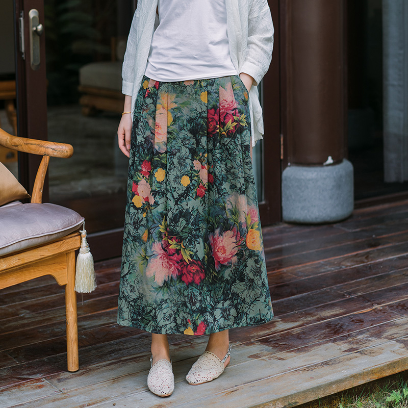 Zhu's original wine - shaped corn dress female spring fixation silk printed long skirt