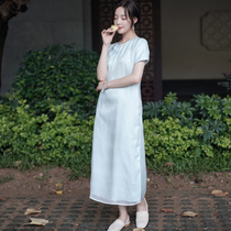 Zhus original (clear wind jade dew) jacquard genuine silk Eugen yarn qipao with dress and dress Summer improved Chinese round collar