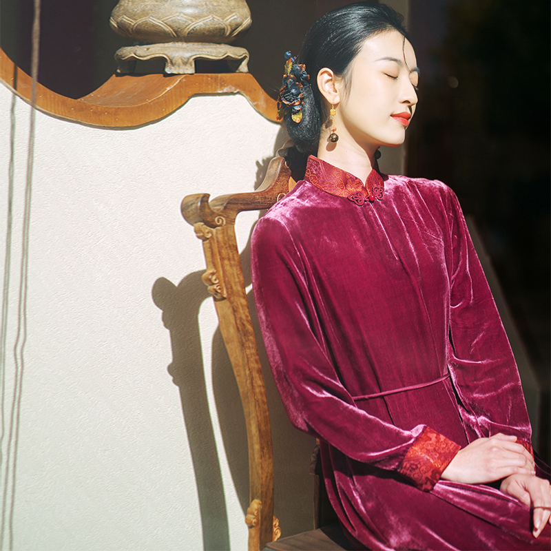 Zhu's Original [Cloud Brocade Flowing Light] Silk Velvet Dress, Autumn and Winter Style, Women's Clothing, Chinese Style, Autumn and Winter Special Offer!