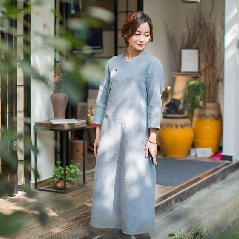 Zhu's Original (Rime) Australian Fine Wool Cashmere Chinese Classical Loose Robe Women's Autumn and Winter Long Coat
