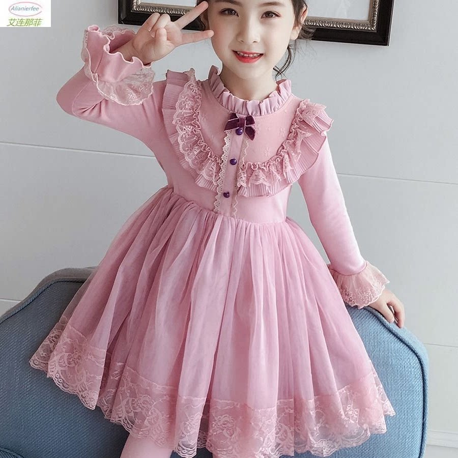 Beautiful dress girls autumn and winter long-sleeved 2022 new little girl skirt children plus velvet princess skirt Western style