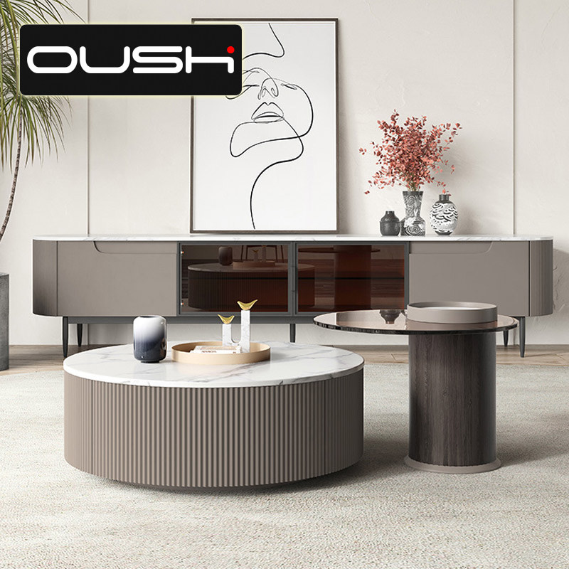 Round slate coffee table combination living room home small apartment bright surface senior designer Nordic light luxury slate coffee table