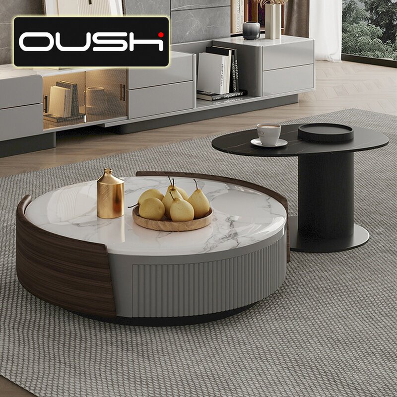 Italian minimalist round coffee table combination modern light luxury living room home small apartment net red rock plate coffee table TV cabinet