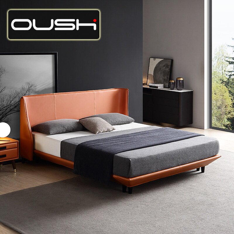 Extremely simple genuine leather headboard Bull Leather Minimalist Modern Small Family Type 1 8m Designer Double Bed Net Red Creative Leather Bed