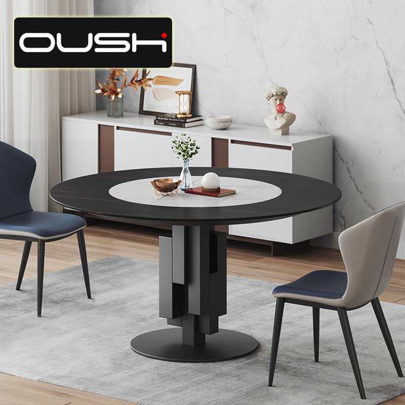 Light luxury rock plate round dining table with turntable Small household 10 people 1 2 meters embedded round dining table and chair combination