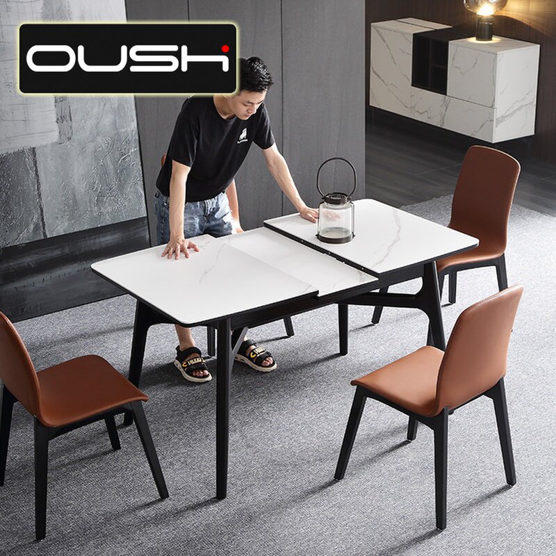 Small family type telescopic dining table modern minimalist home multifunction dining table Nordic solid wood rock plate dining table and chairs combination