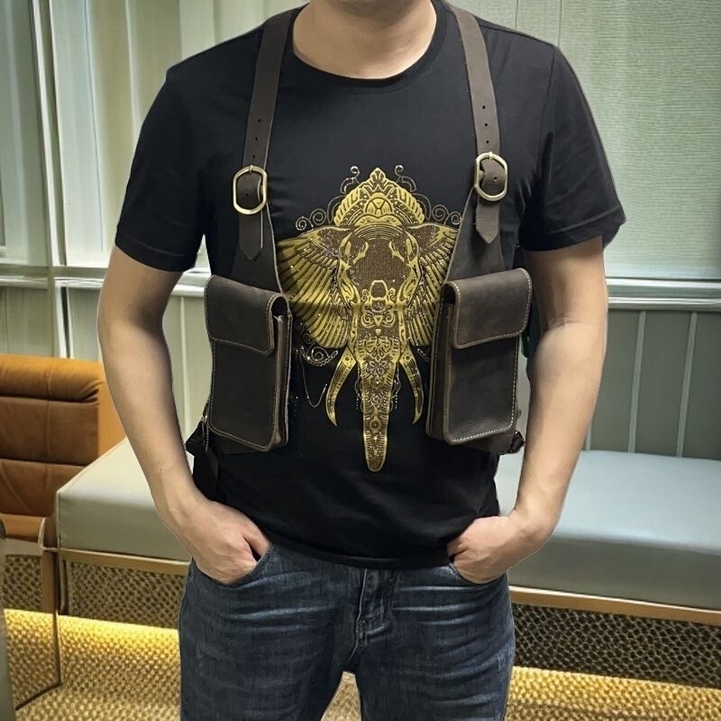 Cross-Border Trade New Vintage Men's Leather Double Shoulder Strap Underarm Crossbody Bag Multi-Pocket Chest Bag Phone Bag Wallet Cross-Border Trade New Vintage Men's Leather Double Shoulder Strap Underarm Crossbody Bag Multi-Pocket Chest Bag Phone Bag Wallet