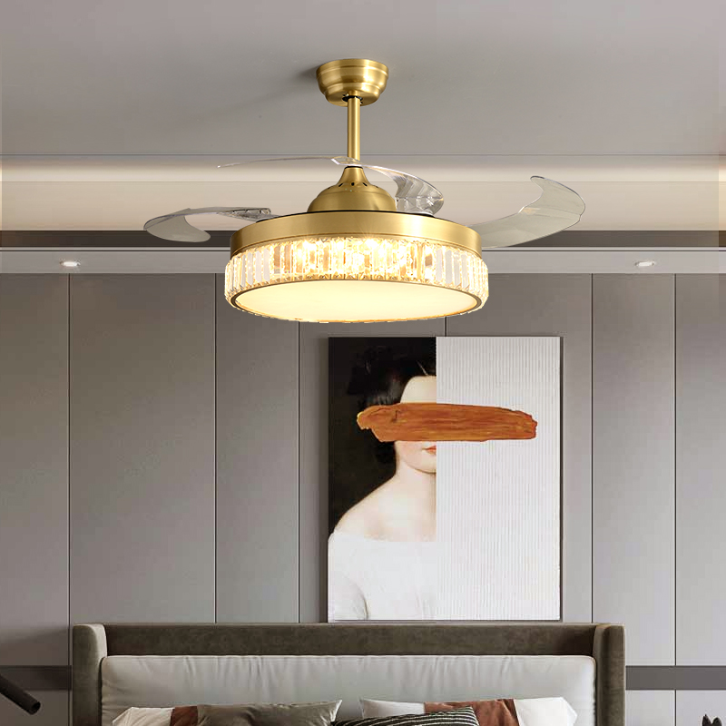 Fan lamp invisible restaurant light luxury crystal ceiling lamp All copper bedroom minimal household large wind fan chandelier
