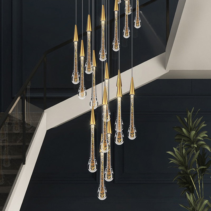 Rotating Stairway Loft Long Pendant Light Villa Duplex Building Living Room Large Chandelia Drop Light Lavish Crystal Dining Room Lamps