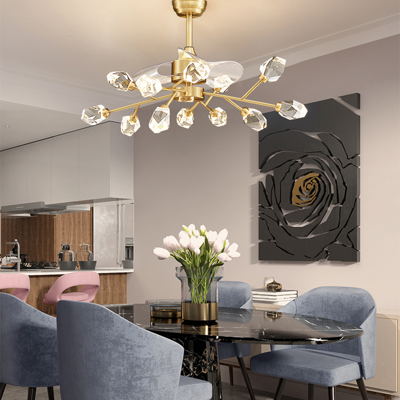 Nordic light extravagant crystal full copper ceiling fan lamp Molecular Living Room Chandeliers Modern Frequency Conversion Invisible Dining Room bedroom ceiling fan lamp