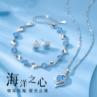 Heart of the Ocean Necklace Bracelet Set Three-piece Sterling Silver Birthday and Valentine's Day Gift for Girlfriend and Wife Jewelry