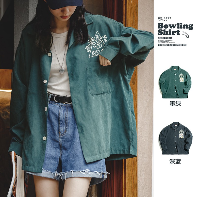 Madden Women's Clothing American Retro Dark Green Shirt Peach Skin Brushed Embroidery Loose Lapel Shirt Bowling Women's Fashion