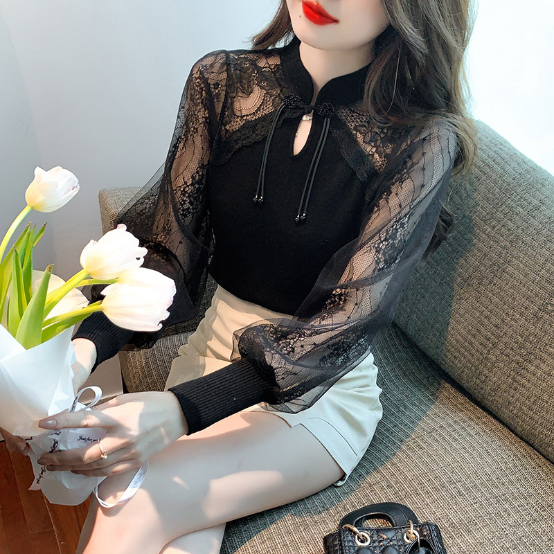 Новый китайский стиль, ретро-топ на пуговицах в виде диска, женская весенне-осенняя дизайнерская рубашка с сетчатой строчкой, кружевная шифоновая рубашка с вязаным свитером