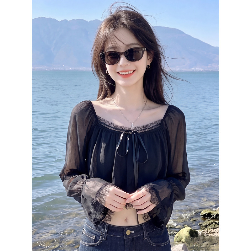 Black Square-Neck Lace-Trimmed Long-Sleeved Shirt with Bow Tie for Women, Autumn French-Style Short Loose Babydoll Top