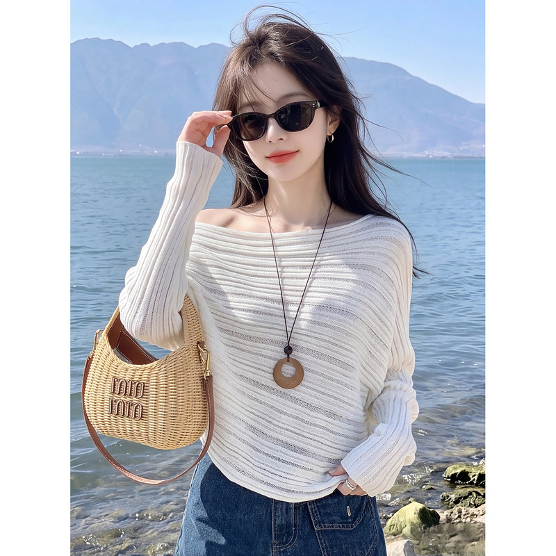 Korean-Style White Off-Shoulder Knit Sweater for Women, 2026 Autumn, Casual Loose Design, Outerwear, Long-Sleeve Top