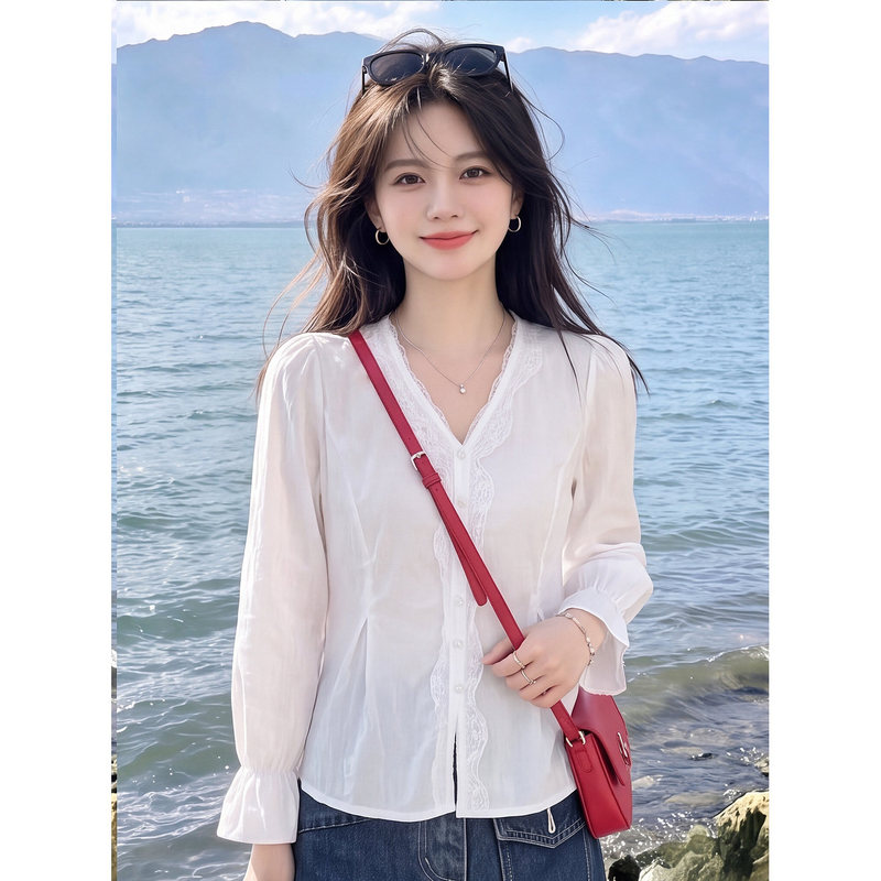 White Lace Patchwork V-Neck Long-Sleeve Shirt for Women, Autumn Fashion, Unique and Sophisticated, High-End Feel, Waist-Cinching Blouse Top