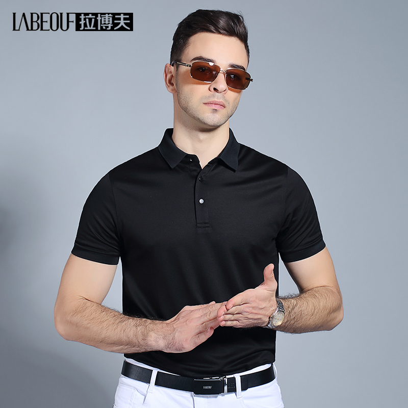 Labov middle-aged mulberry silk short sleeve T-shirt for men's summer loose daddy clothes pure color Polo shirt business casual