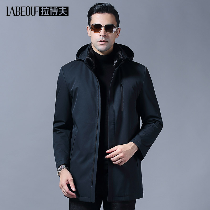 Laboff fur coat male rabbit fur liner water mink fur collar middle-aged free ironing medium long version with cap large size coat