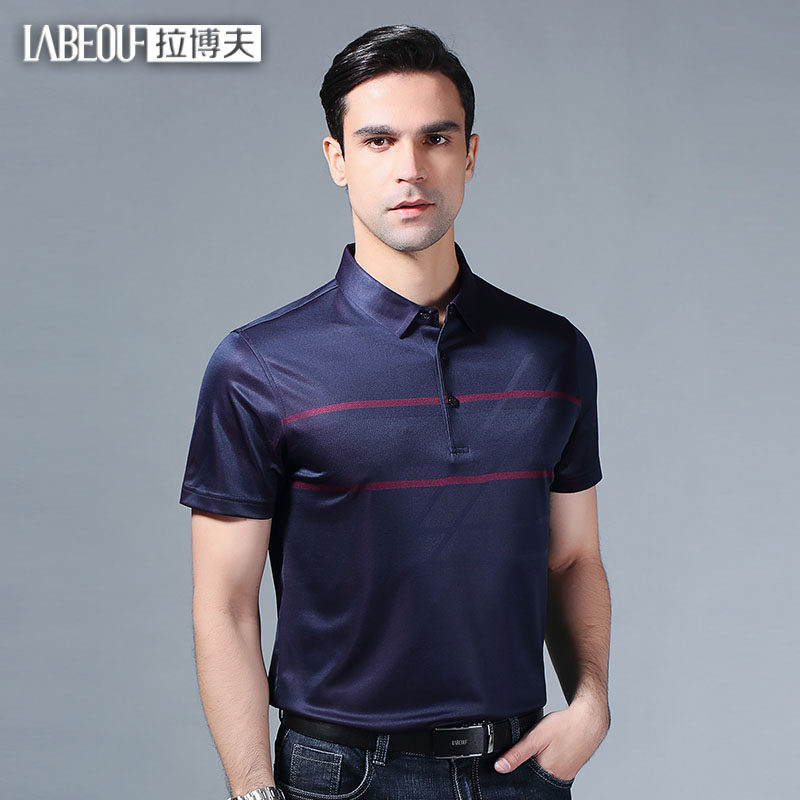 LaBeouf men's mulberry silk T-shirt middle-aged summer breathable lapel 2022 business models light luxury short-sleeved men