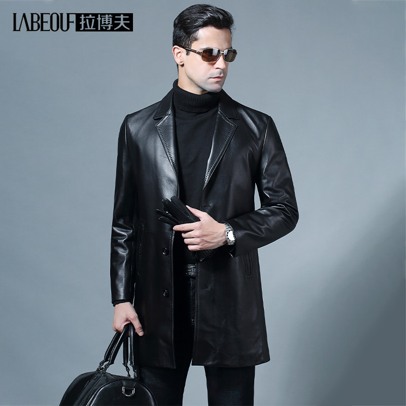 Labov men's real cotton sheepskin leather jacket with long version of wind suit collar large size dress leather jacket leather jacket
