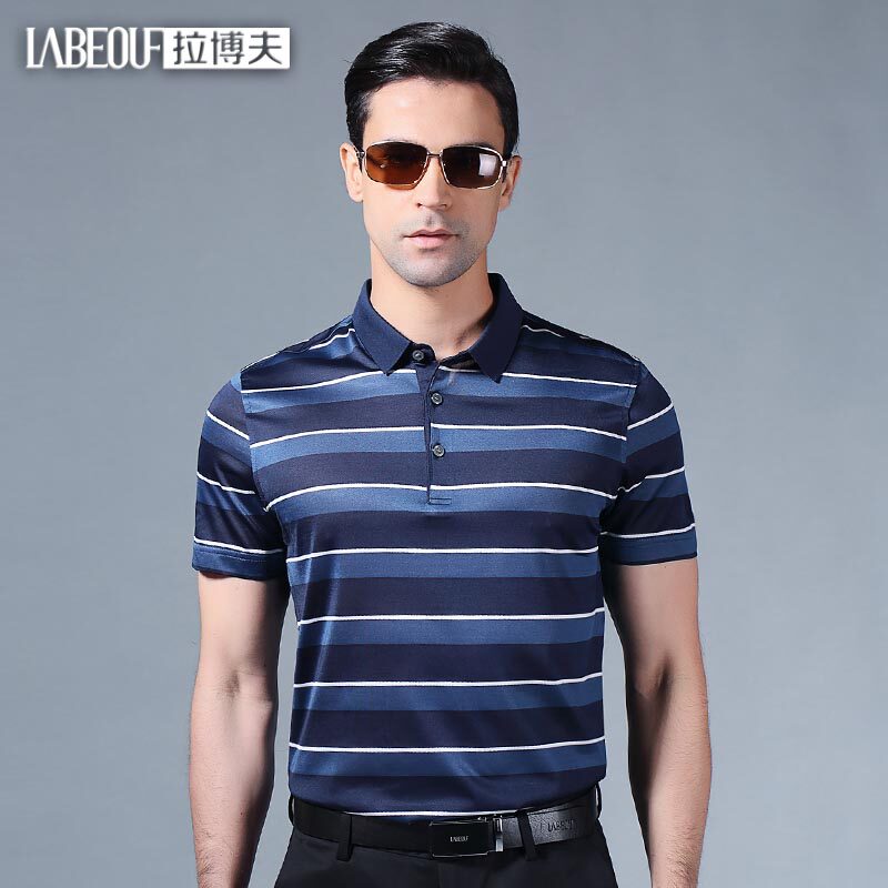 LaBeoufsan silk T-shirt men's micro elastic stripe breathable comfortable casual men's oversize dad top