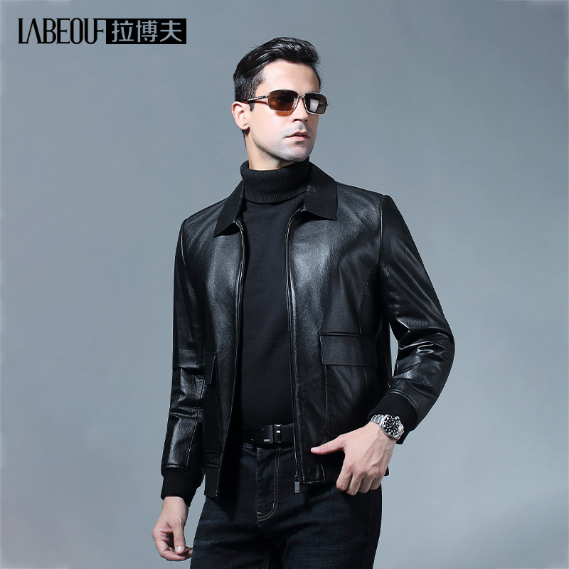 LaBeouf top layer leather leather jacket men's jacket middle-aged casual leader men's motorcycle jacket men's