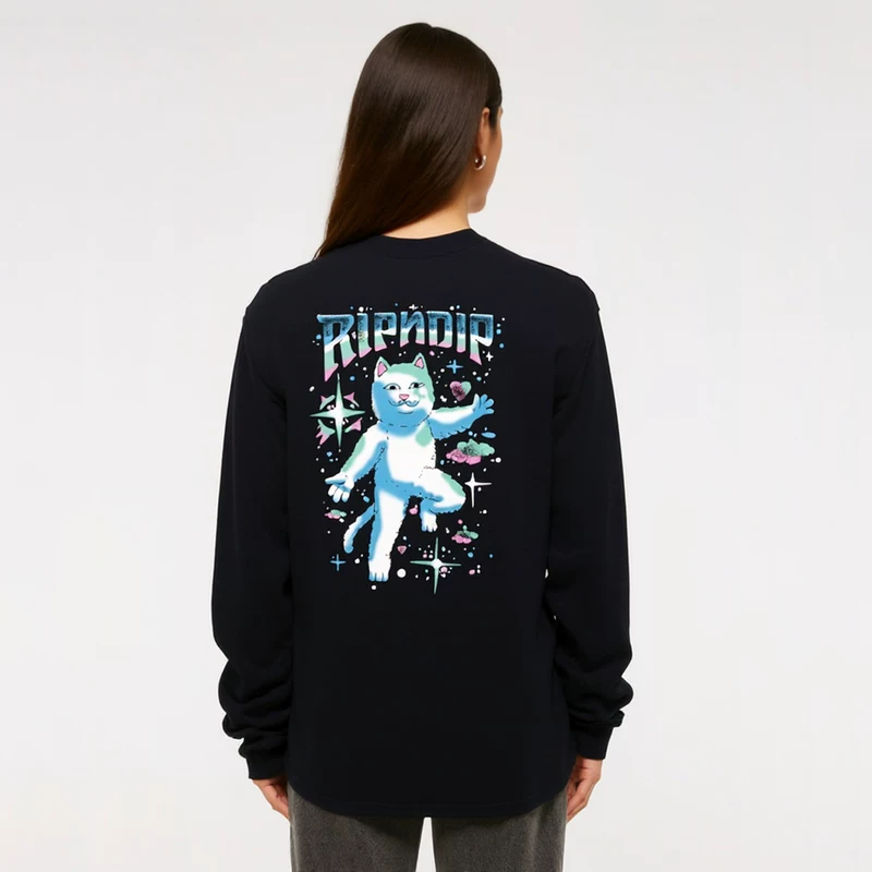 RIPNDIP Mean Cat High Street Style Arctic Meteor Cat Print Long Sleeve T-Shirt Women"s Black Loose and Versatile Top