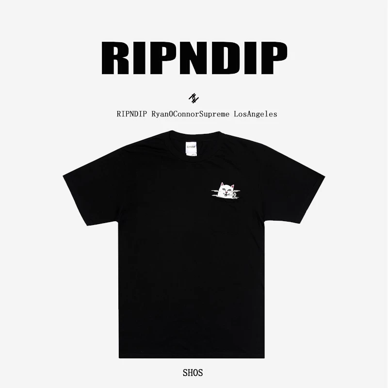Американский модный бренд RIPNDIP с кошкой на среднем пальце, кошка на короткой майке с карманом для курения, пара кошек